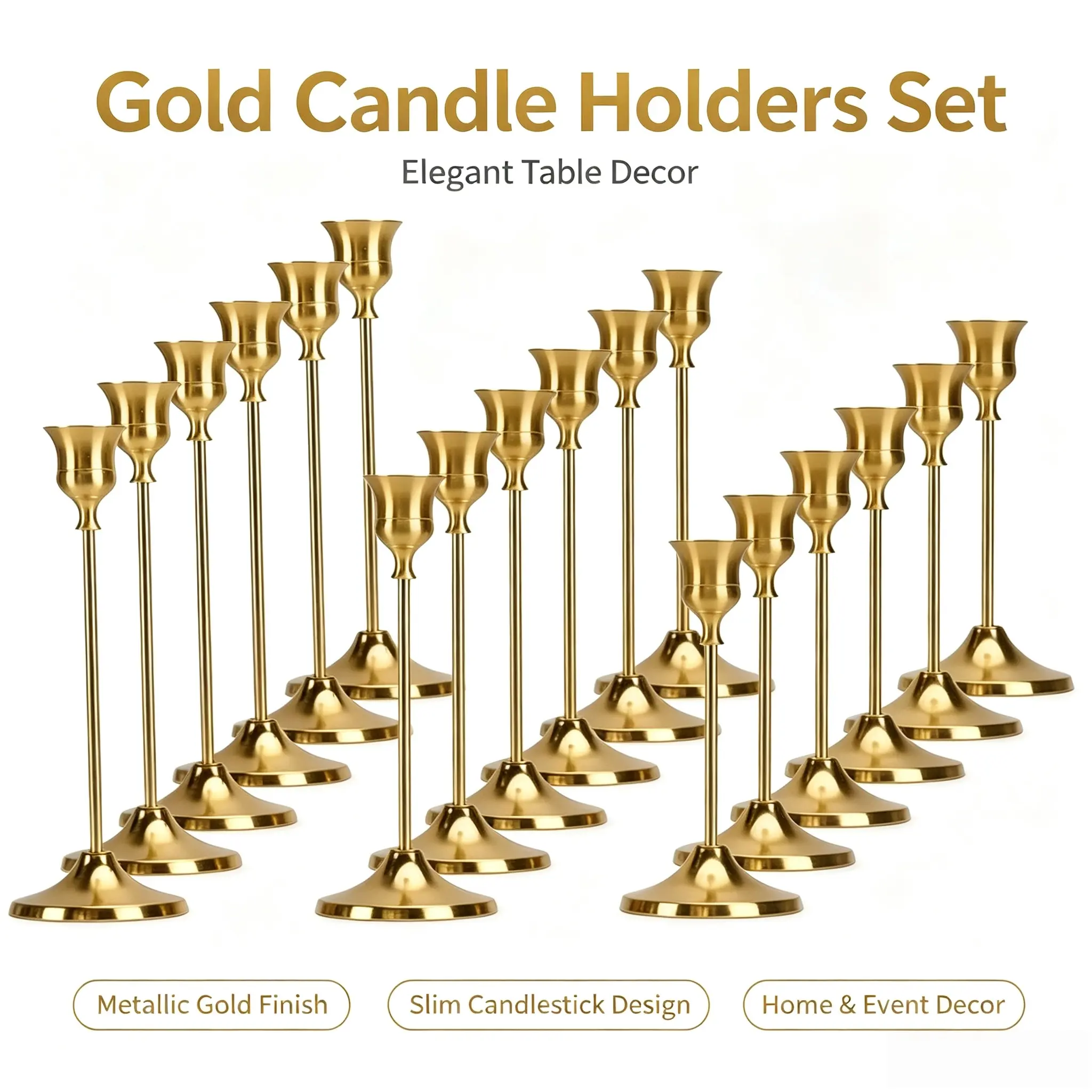 18pcs Gold Candle Holders Set - Metallic Gold Finish Slim Candlestick for Home, Event Table Decor