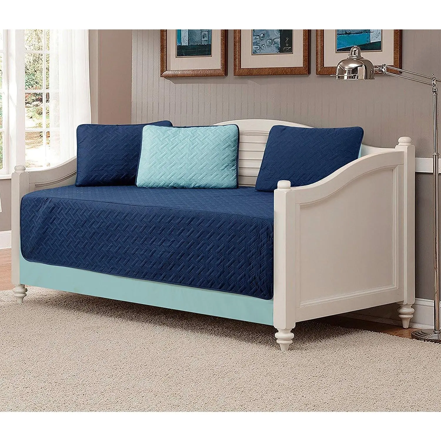 5pc Solid Embossed Daybed Cover - New Navy Blue/Light Blue Bedspread, Decorative Home Supplies for No Extra Accessory Needs, New Bedspread