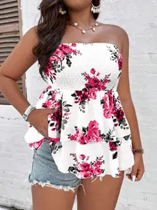 Plus Size Boho Floral Print Bandeau Top - Casual Summer Vacation Beach Tube Top For Women - Chic Holiday Resort Wear Outfit With Feminine Tropical Style, chic beachwear women