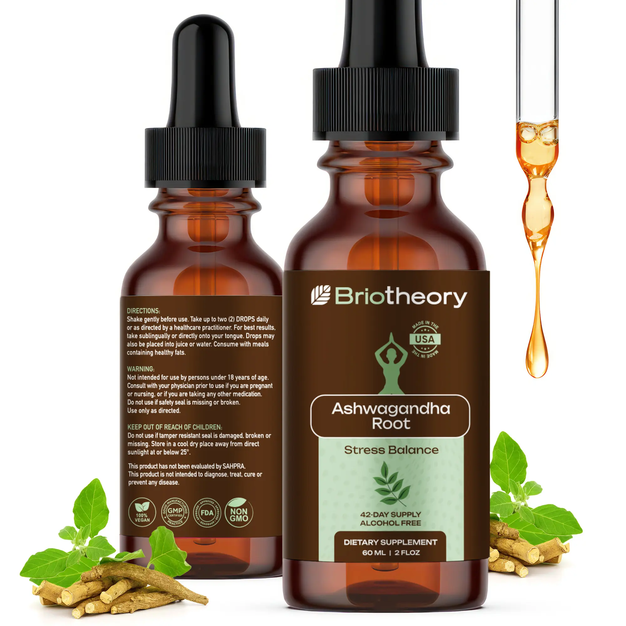 Liquid Ashwagandha Drops | Ashwagandha Tincture Herbal Supplement for Stress Relief, Sleep Support & Energy | Alcohol-Free, Vegan, Non-GMO – 60ml (30 Days Supply)