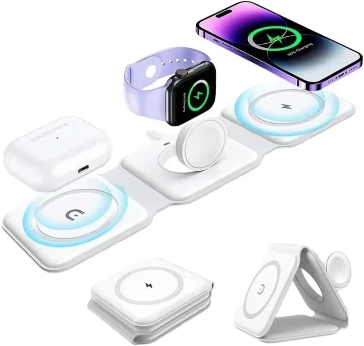 3-in-1 Foldable Magnetic Wireless Charger Dock, Multi-Device Charging Station, For Iphone 16 15 14 13 12 11 8 Plus Pro Max Xs, For Airpods 3rd Gen, For IWatch 9 8 7 6 5 4 3 2 SE Ultra, For Samsung Galaxy S8 & S9, S20 To S23 Note 8-10 & 20 Series tiktoksho