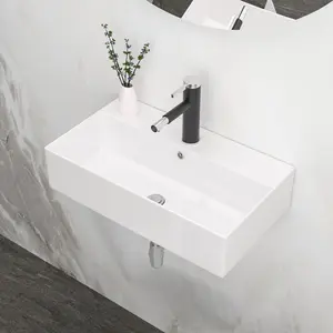 Hardware 21x12 Inch White Ceramic Rectangle Wall Mount Bathroom Sink with Single Faucet Hole and Overflow