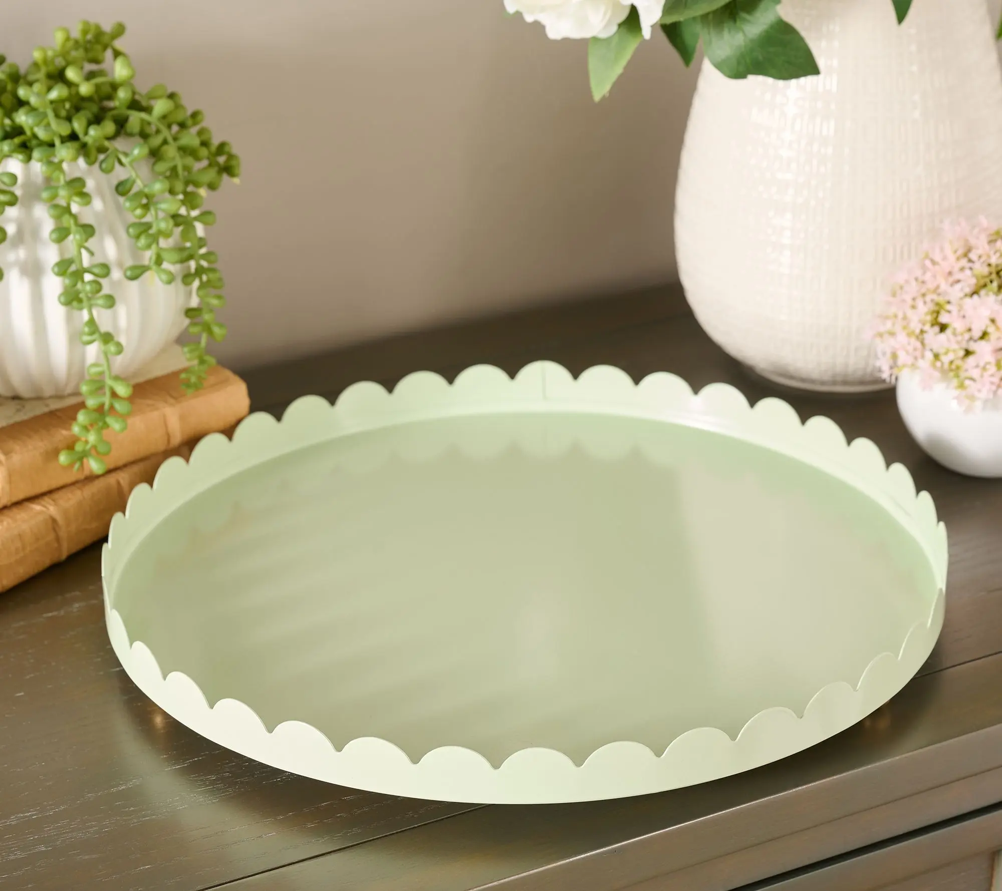 Home Reflections 15" Scalloped Metal Round Tray with Feet Home Reflections 15" Scalloped Metal Round Tray with Feet