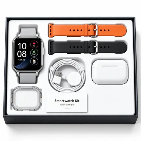 2026 Adjustable IP67-Rated Smart Watch Kit with Bluetooth Headphones, Type-C Cable, Audio Support, GPS Tracker, Bluetooth Key Tracker, VR Glasses, AI Wearable Glasses, Lavender Buds Microphone, Stable Connection for Content Creation Tools and Gadgets