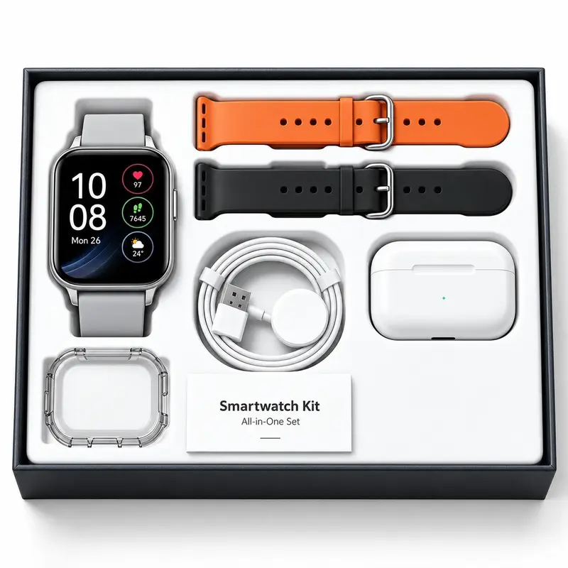 2026 Adjustable IP67-Rated Smart Watch Kit with Bluetooth Headphones, Type-C Cable, Audio Support, GPS Tracker, Bluetooth Key Tracker, VR Glasses, AI Wearable Glasses, Lavender Buds Microphone, Stable Connection for Content Creation Tools and Gadgets