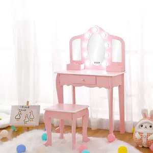 Kids Vanity Set with Mirror & Drawers - Girls Pretend Play Makeup Table with Wooden Toys, Stool & Storage | CPSIA Certified for Ages 3-9
