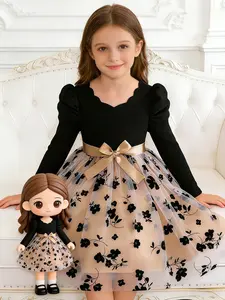 Elegant Fashion Girls' Dress 8-12 Years, Shell Edge V Neck Bubble Princess Sleeve Floral Mesh Knee-Length, Belted, Party & Daily Wear