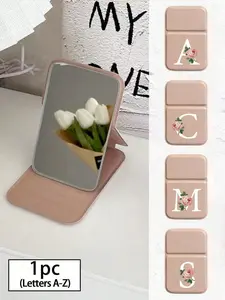 Mini pink letter foldable portable makeup mirror, printed with dried rose letters A-Z, with a stand makeup mirror, travel mirror, beauty products, desktop makeup mirror, rectangular desktop portable makeup mirror