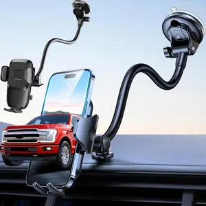Solid Car Truck Phone Mount Holder With 14-Inch Gooseneck Long Arm, Windshield Window Mobile Holders w/Industrial-Strength Suction Cup, Anti-Shake Stabilizer Compatible Most Phones