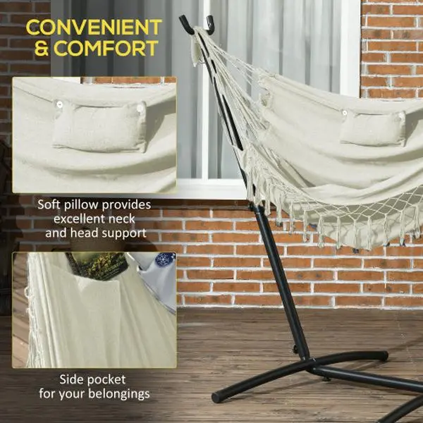 Bellemave  Outsunny Patio Hammock Chair with Stand, Outdoor Hammock Swing Hanging Lounge Chair with Side Pocket and Headrest, Cream