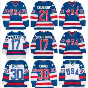 1980 Team USA Hockey Jerseys 30 Jim Craig 21 Mike Eruzione 17 Jack O'Callahan 1980 Year Miracle USA Vintage Hockey Jersey White Blue S-3XL