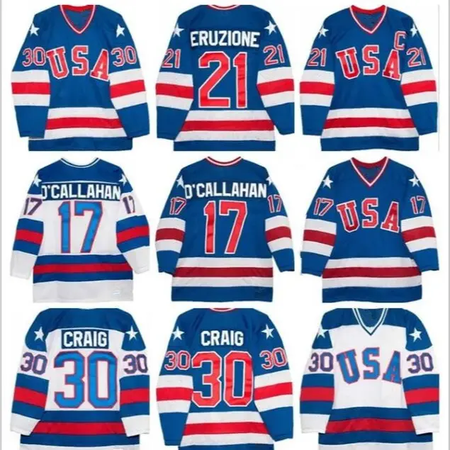 1980 Team USA Hockey Jerseys 30 Jim Craig 21 Mike Eruzione 17 Jack O'Callahan 1980 Year Miracle USA Vintage Hockey Jersey White Blue S-3XL