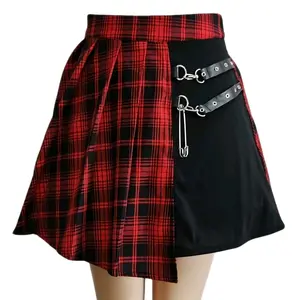 Asymmetrical Two-Toned Pleated Skirt w/ Flannel Pattern and Hip Chains