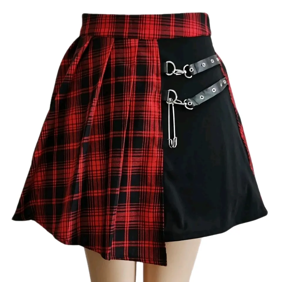 Asymmetrical Two-Toned Pleated Skirt w/ Flannel Pattern and Hip Chains