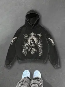 Men's Vintage Washed Loose Hoodie, Saint Mary Graphic Print, Snowflake Distressed Style, Comfortable Casual Sportswear, Long Sleeve No Pocket, Cultural Aesthetic