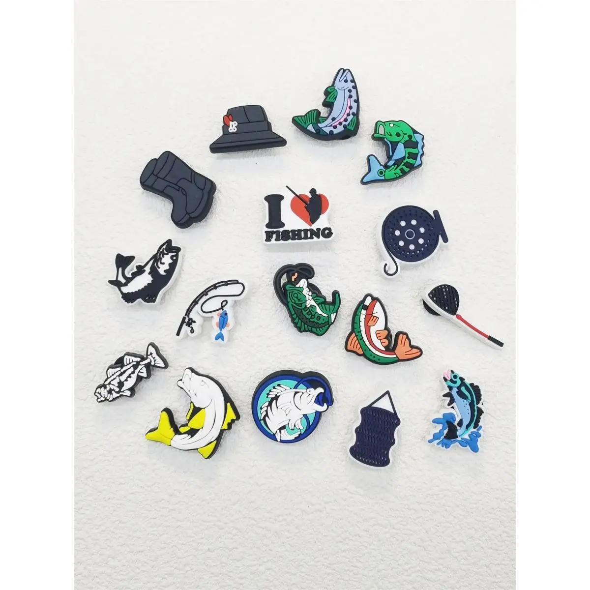 Shoe Charms, 16-Piece Cute Cartoon Fishing Theme Set, Multicolor PVC Clog & Footwear Decorations for Kids and Adults, Funky, Peppy, Glamorous, Party Wear