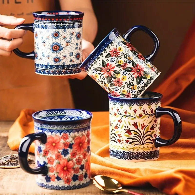 Floral-Patterned Ceramic Coffee Mug with Handle, Hand-Painted Teacup, Classic Drinking Mug, Hot/cold Drinks, Gift for All Seasons