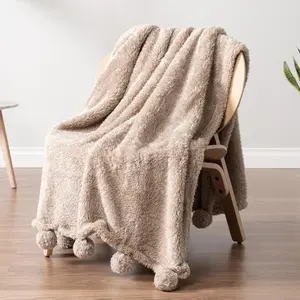 Taupe Sherpa Throw Blanket for Couch, Warm Plush Pom Pom Blanket Throw, Tan Fuzzy Sofa Throw, Lightweight Soft Cozy Fluffy Blanket with Pom Poms, Light Brown, 50x60