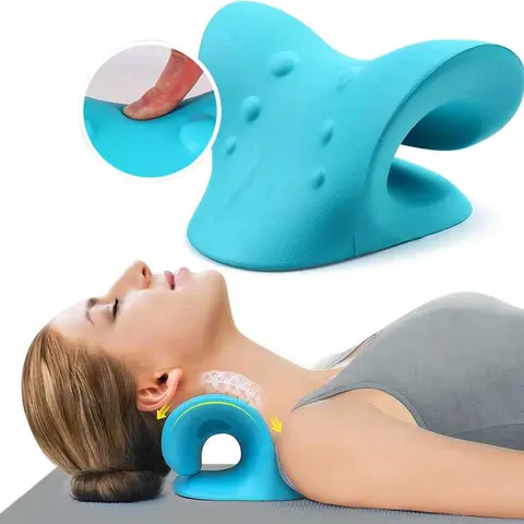 Ergonomic Anatomical Shape Cervical Neck Pillow - Adjustable Traction Device with Memory Foam Base, 8.7x6.9x4.9 Inches, Curvature Stretch for Headaches, Pain Relief, Spine Alignment, Home/Floor Use