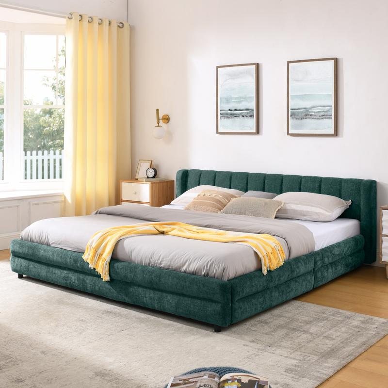 King Size Upholstered Bed Frame with Headboard and 4 Storage Drawers, Solid Bed Frame with Thick Fabric, Comfortable Upholstered Bed Frame, Chenille Fabric (86.5''*84''*29.5'')