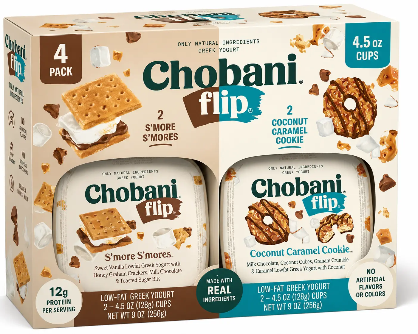 Chobani Flip Low-Fat Greek Yogurt Variety Pack – S'more S'mores & Coconut Caramel Cookie, 4.5 oz Cups, 4-Pack, High Protein Snack