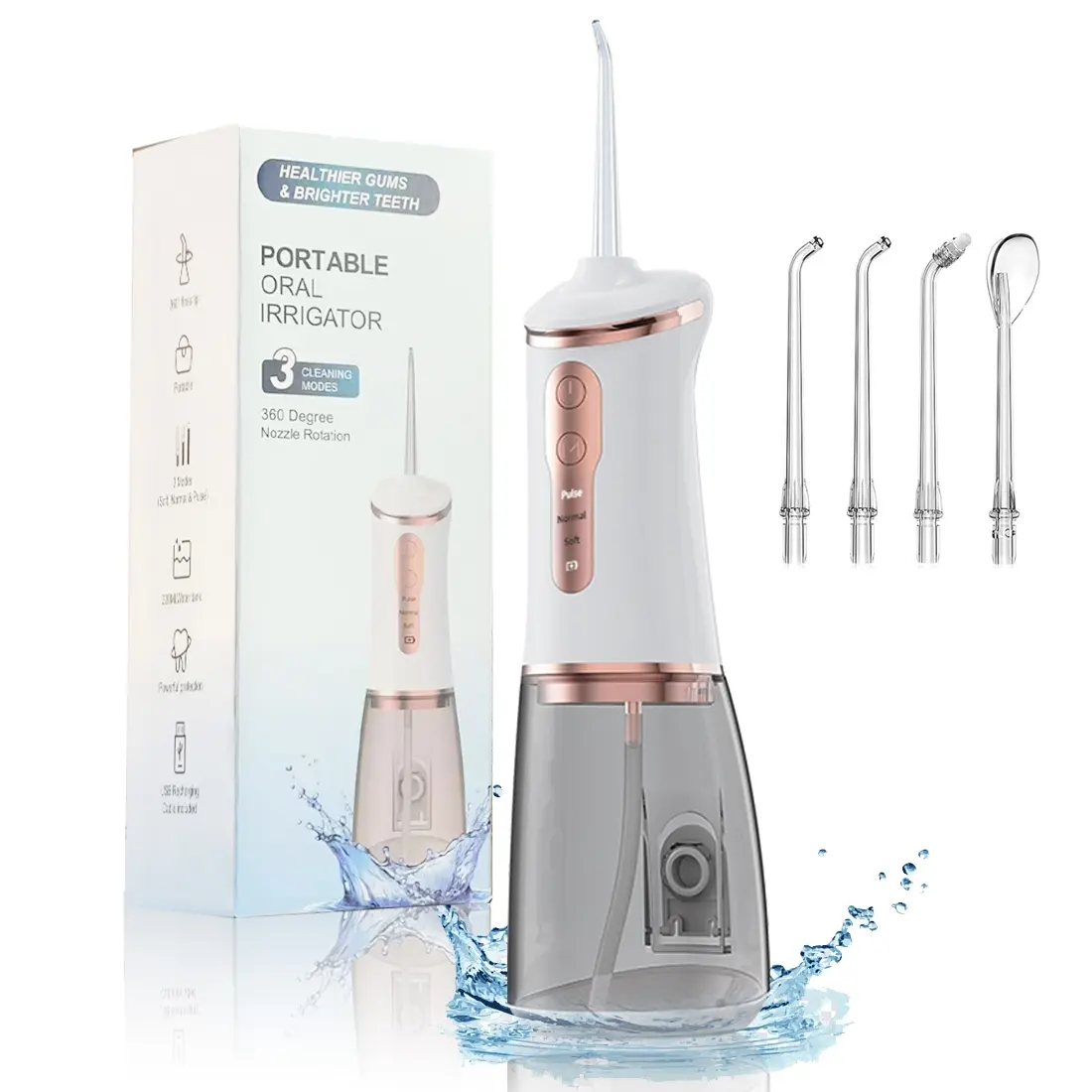 Water Flosser Travel Stick, 400ML Wireless Oral Irrigator, Cordless Water Flossers, 4 Nozzles, 3 Modes, Adjustable, Ipx7 Waterproof, Portable Rechargeable Dental Care, Plaque Remover, Water Dental Flossers