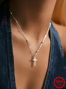 Women's S925 Silver Cross Pendant Necklace, Fashionable Minimalist Design, Versatile Jewelry for All Occasions, High-Quality Party Accessory, Vintage Cross Necklace