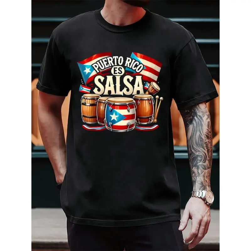 Men's Round Neck Shortsleeve T-Shirt Top - Puerto Rican Pride Theme Casual Minimalist Tee for Salsa Music Lovers, All Seasons Wear