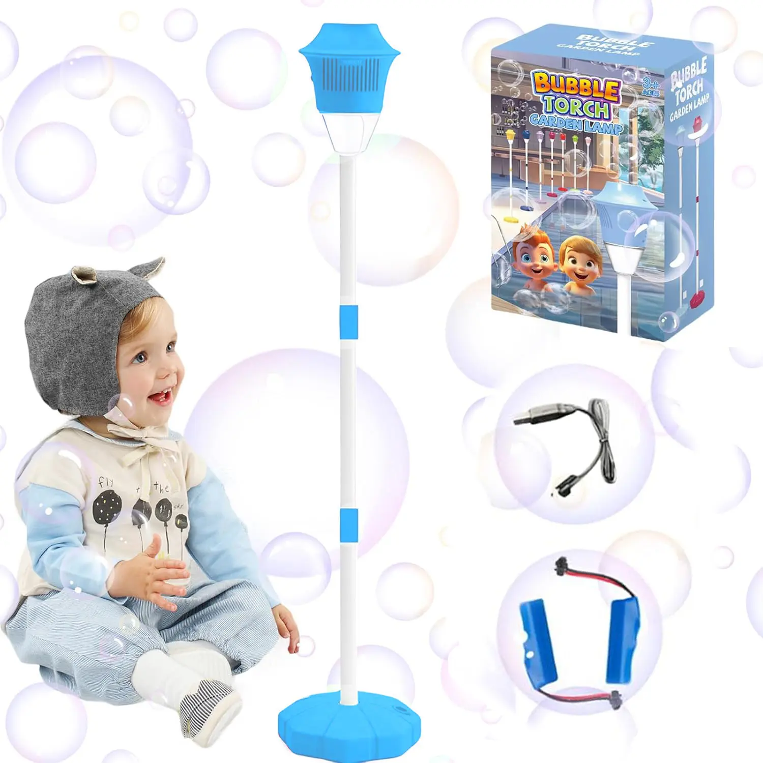 Rechargeable Bubble Machine with Light and Music Bubble Maker Stand Machine for Outdoor, 21-47 Inches Adjustable Bubble Torch, Bubble Machine for Wedding Birthday Outdoor Party summerwins
