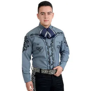 Camisa Charra para Hombre Azul Gris – Estilo Elegante Tradicional