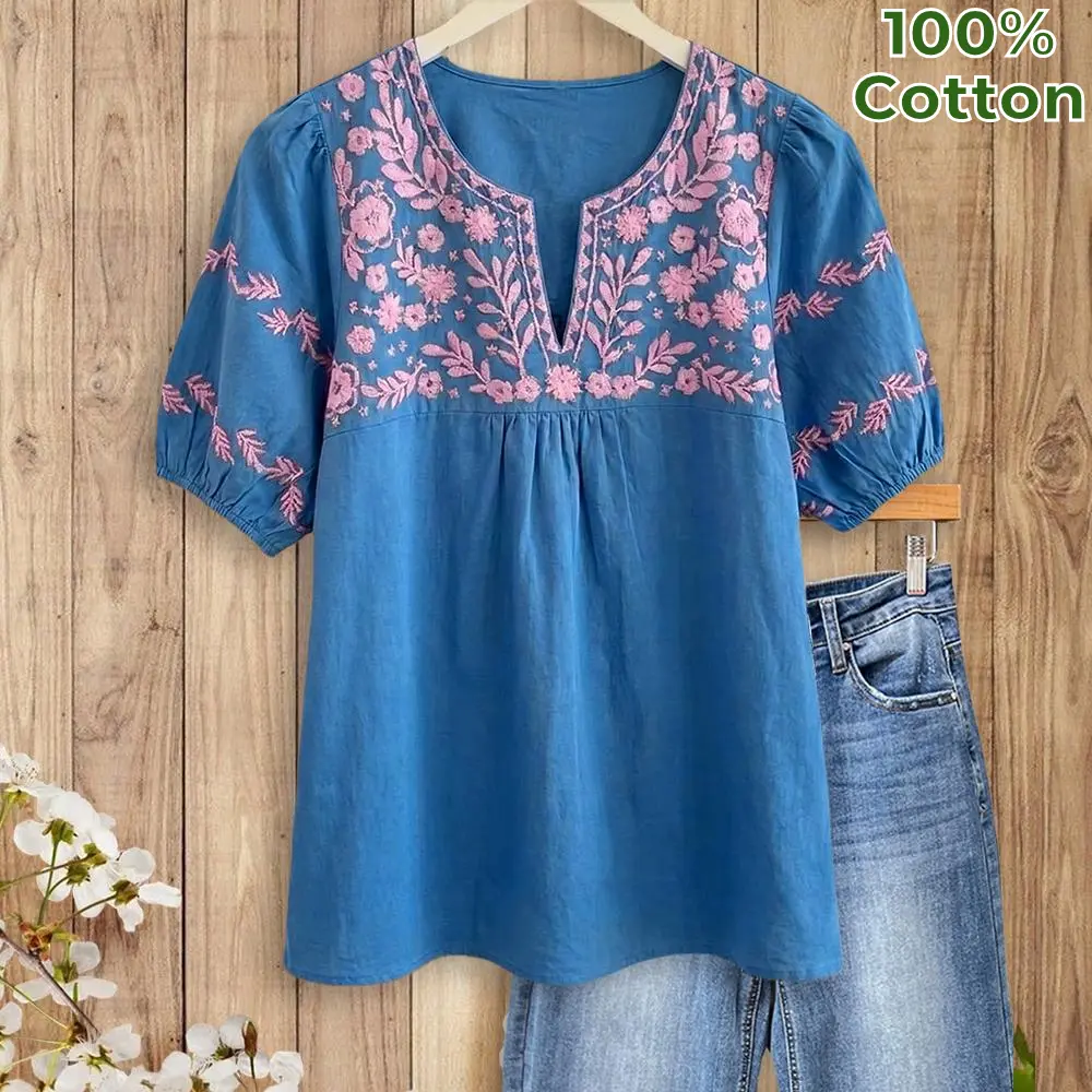 Sage Vell 100% Cotton Blue Floral Embroidered Puff Sleeve Split Neck Gathered Casual Blouse