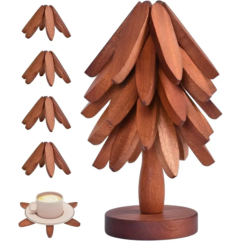 Natural Tree Shaped Trivet Set - 4/5 Bamboo Wooden Trivets & 1 Stand - Heat-Resistant Foldable Design - Durable & High-Quality Solid Wood - Ideal for Hot Dishes, Pots, Bowls, Teapots, Home - Kitchenware & Tableware Coasters