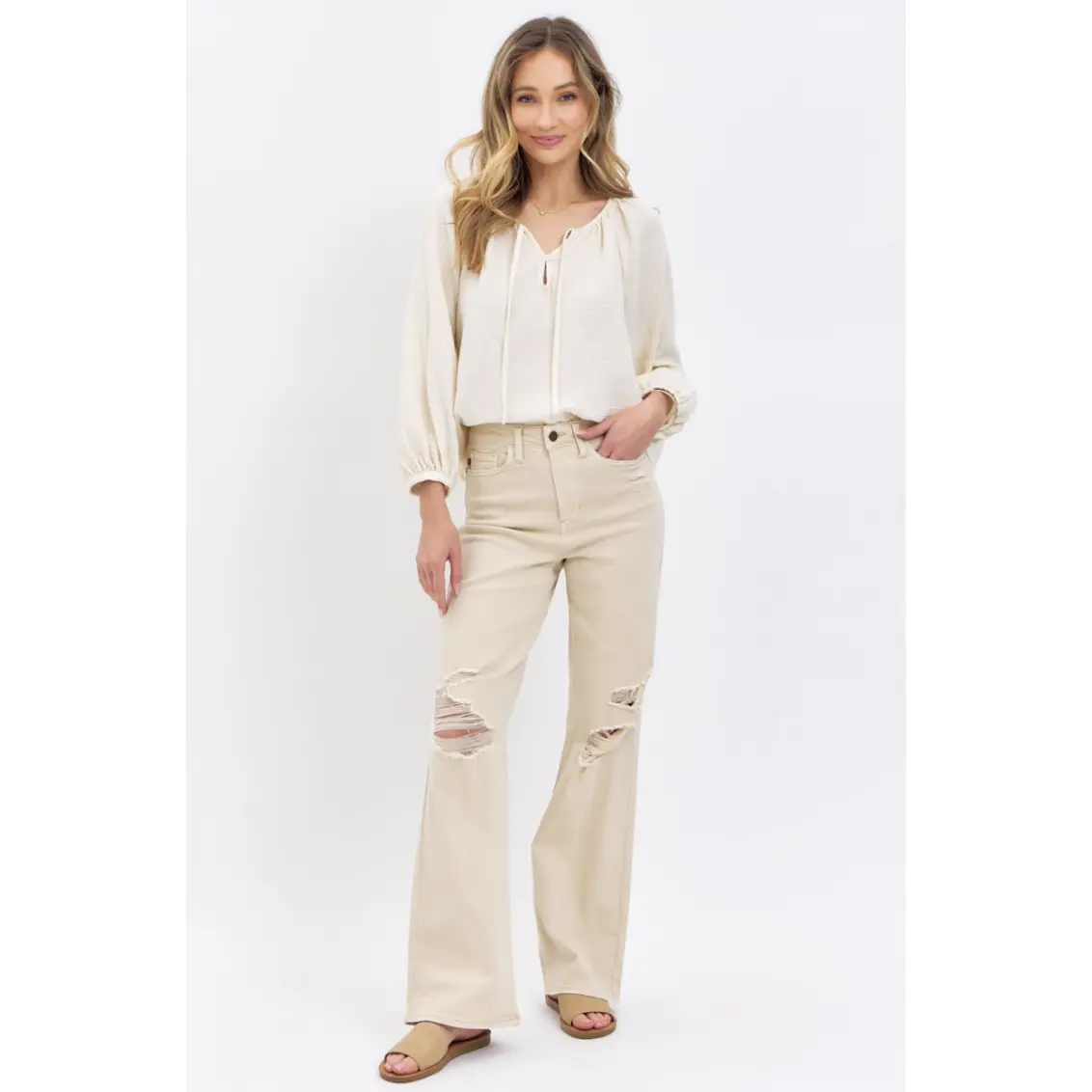Judy Blue High Waist 90's destroy straight style garment dyed cream jeans