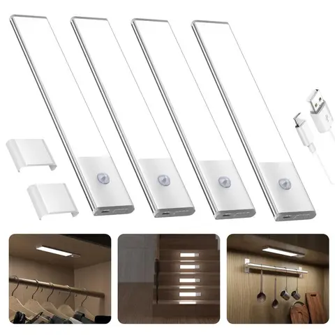 4-Pack Under Cabinet Sticky LED Motion Sensor Night Lights - USB Rechargeable, Dimmable, Adjustable Modern Wireless ABS Lights for Kitchen, Bathroom