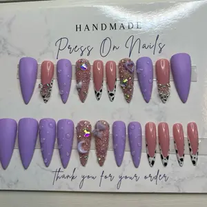 Handmade Lavender Purple Stiletto Press On Nails with Bling Handcrafted Nail Art Design