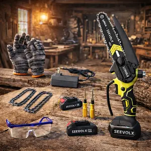 SEEVOLX  Cordless Mini Chainsaw Kit, 21V Handheld Electric Chainsaw with 2 Batteries, Safety Gear & Carry Case for Tree Trimming