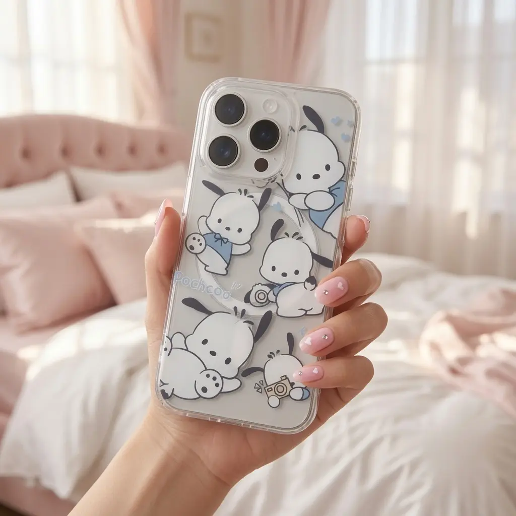 Cute Pochacco Puppy Case for iPhone 11-17 Series, Samsung Galaxy S21-S26 Ultra, Kawaii Cartoon Clear Magnetic Shockproof Tough Cover