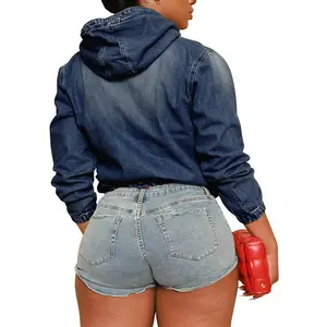S-5XL Chic Women's Half Zip Denim Hoodie Pullover Casual Jean Jacket Tops