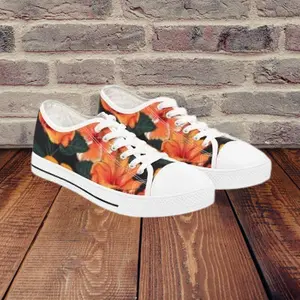 Women's Floral Hibiscus Low Top Sneakers — Tropical Orange Flower Canvas Shoes