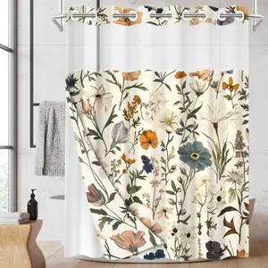 1PC 2D Flat Floral Pattern Double-Layer Woven Shower Curtain (Hooks), Transparent Top Window,  Modern Bathroom Partition Art Decoration, Bathroom Decor, Bathroom Decorations, Bathroom Accessory