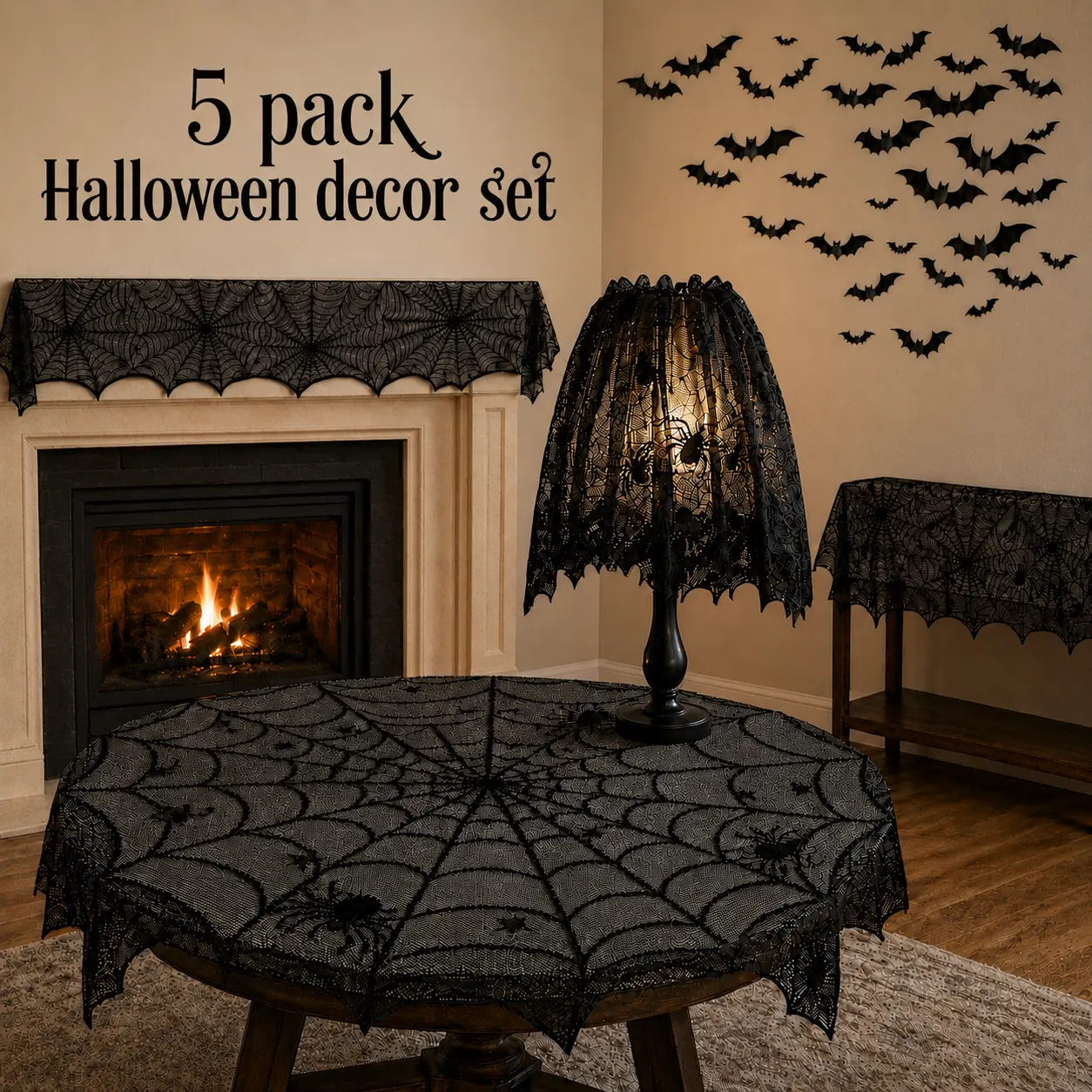 Halloween 5-Pack Decorations Set - Spider Web Lace Tablecloth, Table Runner, Fireplace Mantel Scarf, Lampshade Cover, 32 3D Bat Wall Stickers for Indoor Home Party Decor