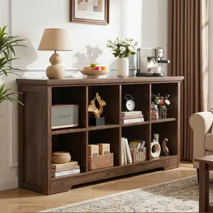 Wooden 8-Cube Storage Organizer with Charging Ports, Modern Cube Bookcase with Base, 3-Tier Floor Standing Open Cubbies Bookshelf for Home and Office