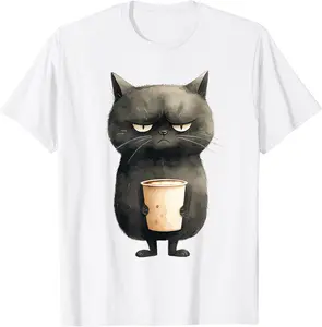 Grumpy Black Cat with Latte Coffee T-Shirt - Samuelmar Shop XUOB0CJLPZD1G