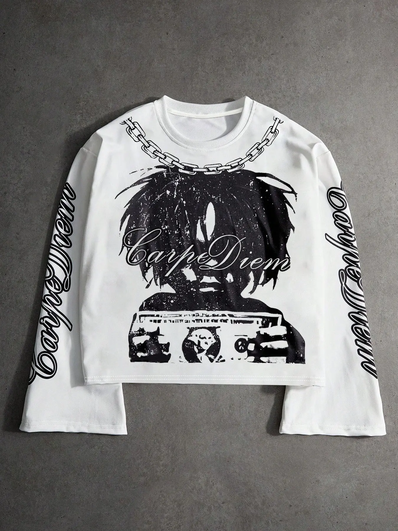 Men's Street Style Streetwear Graffiti Dollar Portrait Print Long Sleeve T-Shirt, Casual Fashion Plaid Tee for Music Festivals and Nightclubs