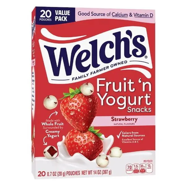 Welch's Fruit 'N Yogurt Strawberry Soft Fruit Snacks, .7 oz, 20 Count Lemon Flavor Candy Sweet Bonbon Strawberry Vitamins Natural Fruity Flavored Flavored