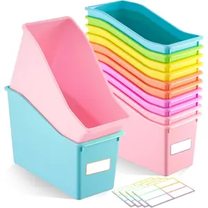 24 Pcs Book Bin for Classroom with Labels Stackable Plastic Organizing Bins 11.5 x 5.4 x 7.5 in Book Holders Storage Bins Box Baskets for Classroom Library Home (Pastel Color)