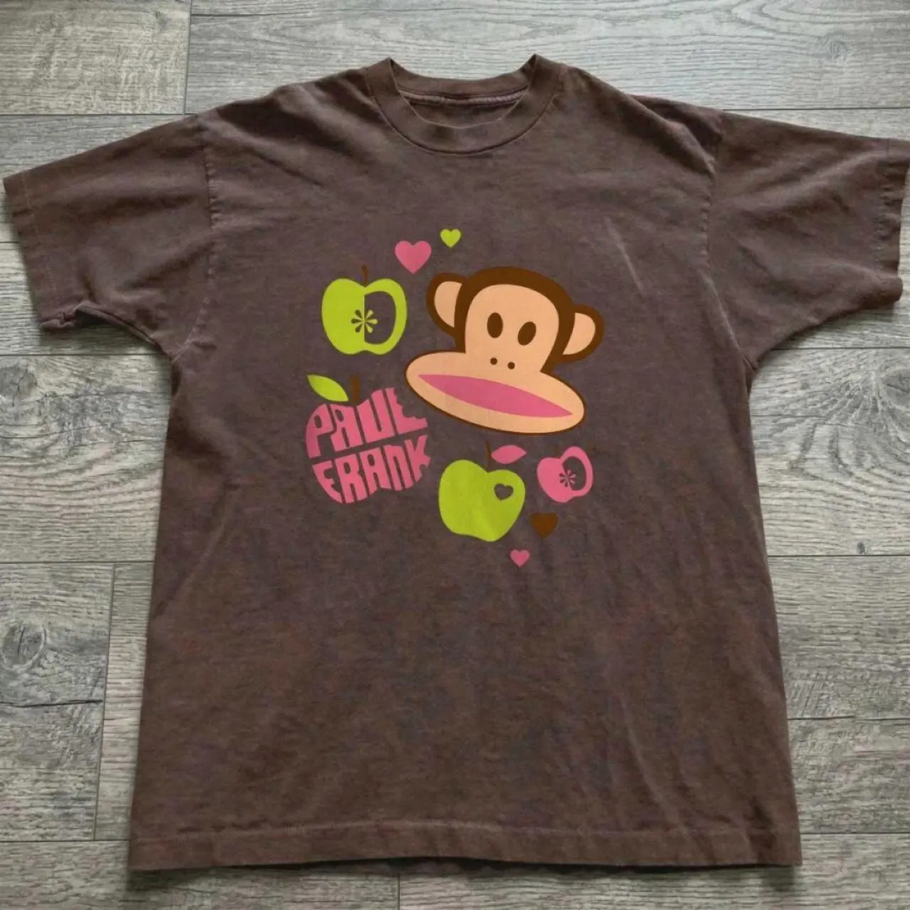 [Sale off up to 50%] Dark Chocolate Paul Frank t-shirt with monkey graphic, green apples, and pink hearts t-shirt