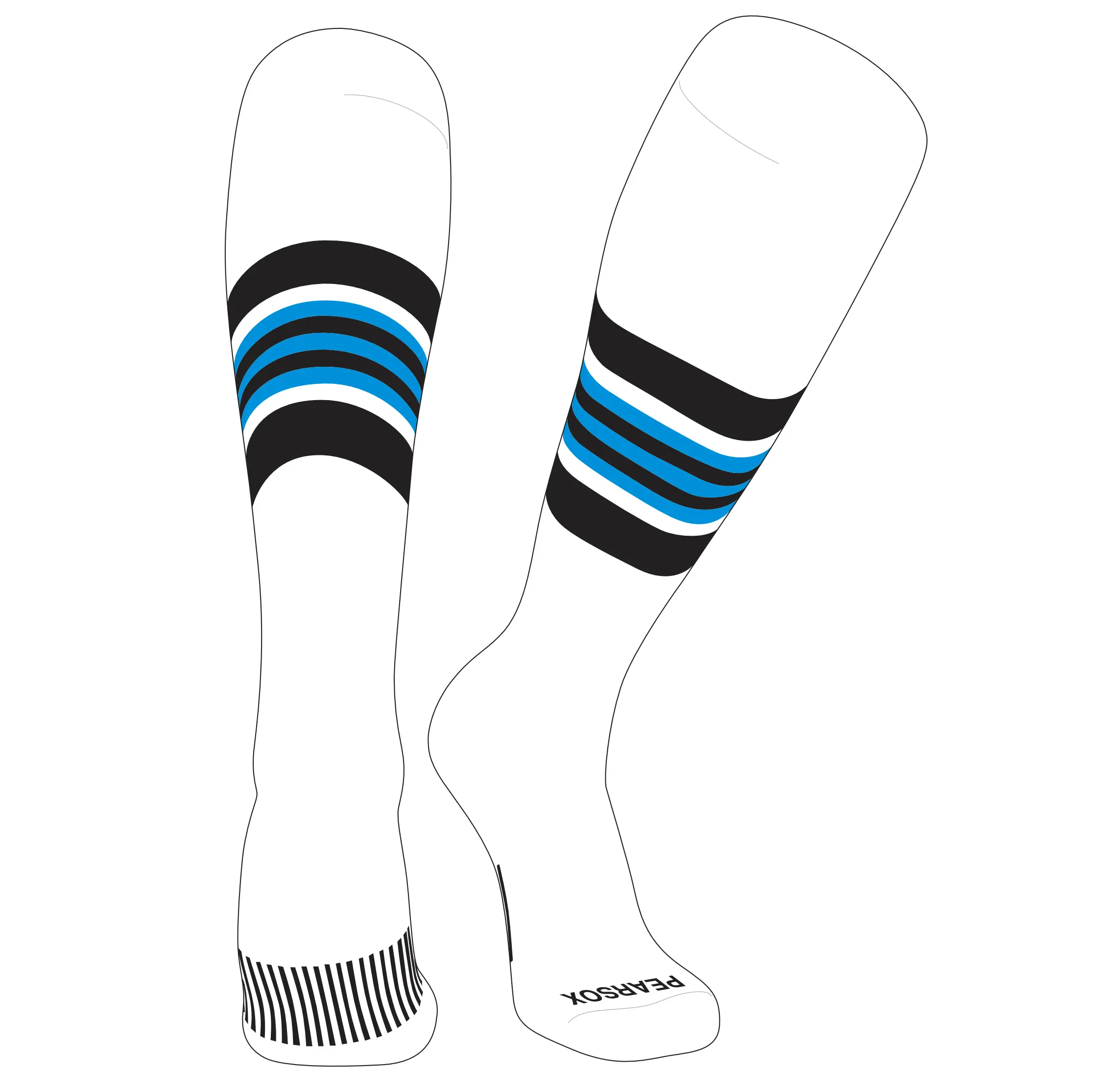 Pear Sox Striped Knee High Baseball, Football Socks (G) White, Black, Neon Blue