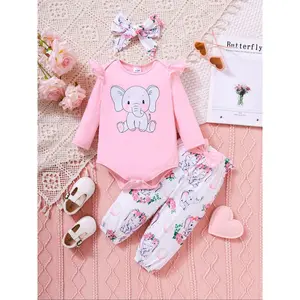 Baby Girl Elephant Print Set, Long Sleeve Romper with Ruffled Shoulders, Floral Pants, Matching Headband, Casual Spring & Fall