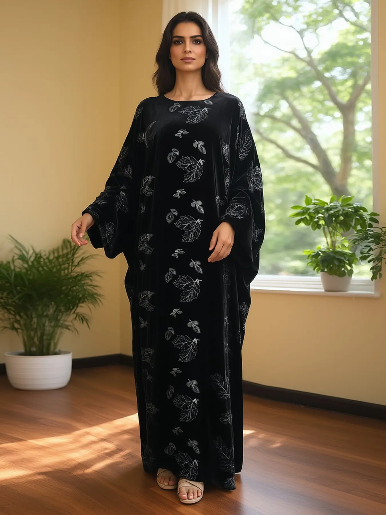 Women's Long Robe Dress Velvet Embroidery Batwing Sleeve Abaya Islamic Clothing, Casual Style All Seasons Wear, Elegant Muslim Fashion